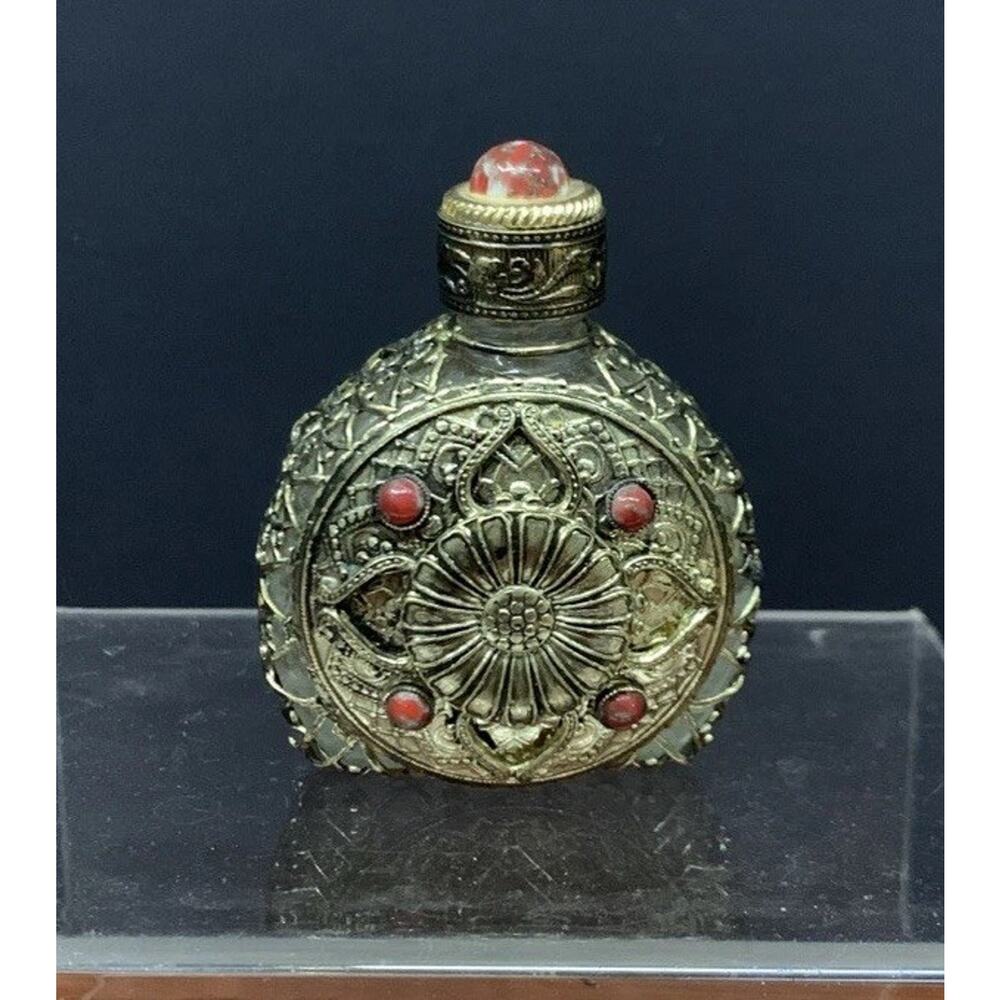 VTG CZECH Filigree Pierced Metal, Jeweled Perfume Bottle
